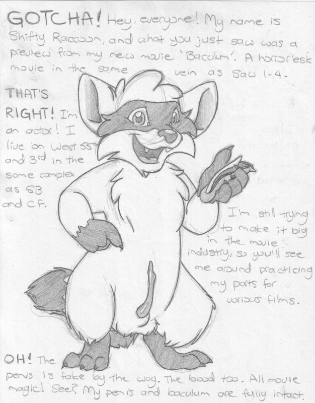 anatomically_correct animal_genitalia animal_penis anthro balls biped breaking_the_fourth_wall curved_penis cute_fangs dialogue digitigrade erection fangs feral front_view genitals gesture hand_gesture hooked_penis looking_at_viewer male open_mouth penis pointing raccoon_penis sheath simple_background solo standing talking_to_viewer teeth text thin_penis wall_of_text mizzyam shifty_raccoon mammal procyonid raccoon absurd_res english_text graphite_(artwork) greyscale hi_res monochrome traditional_media_(artwork)