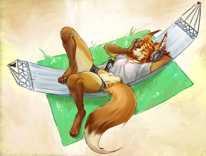 anthro clothing electronics female freckles hair hammock headphones lying music phone red_hair solo kmoth autumn_(praexon) canid canine fox mammal