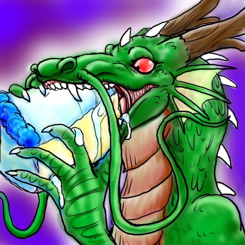 barbel_(anatomy) cake claws dessert eating flesh_whiskers food frill_(anatomy) horn membrane_(anatomy) membranous_frill red_eyes simple_background solo teeth reio asian_mythology east_asian_mythology mythology dragon eastern_dragon mythological_creature mythological_scalie scalie 1:1