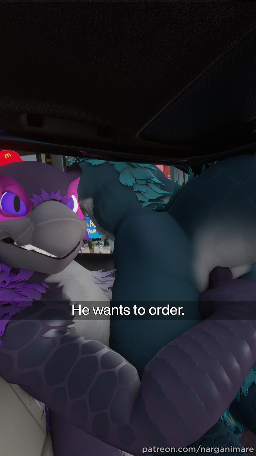 anal anal_fingering anal_penetration anthro blue_body blue_eyes blue_fur butt car car_interior duo fingering frown fur inside_car inside_vehicle looking_at_viewer male male/male on_lap open_window ordering_food penetration purple_body purple_eyes purple_fur sitting smile text vehicle narganimare capcom he_wants_to_order mcdonald's monster_hunter patreon b_(nargacuga) p_(nargacuga) flying_wyvern nargacuga 3d_(artwork) 9:16 digital_media_(artwork) hi_res meme url