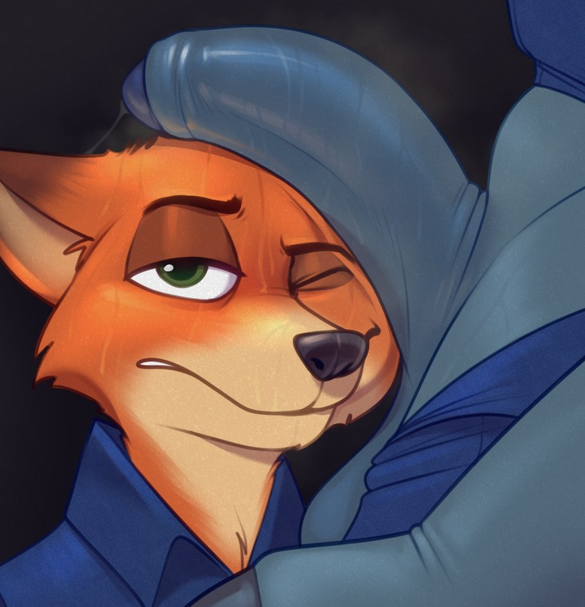 anthro balls close-up clothed clothing dripping duo foreskin fur genitals half-erect looking_at_viewer male male/male one_eye_closed orange_body orange_fur penis penis_on_head simple_background chipchell disney zootopia chief_bogo nick_wilde bovid bovine canid canine cape_buffalo fox mammal red_fox true_fox 2024