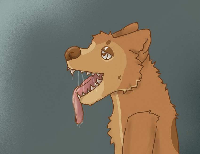 anthro bodily_fluids drooling facing_aside freckles fur green_background long_tongue looking_away male open_mouth orange_body orange_fur saliva sharp_teeth simple_background solo teeth tongue tongue_out mr_confused canid canine canis hybrid hyena mammal wolf absurd_res hi_res