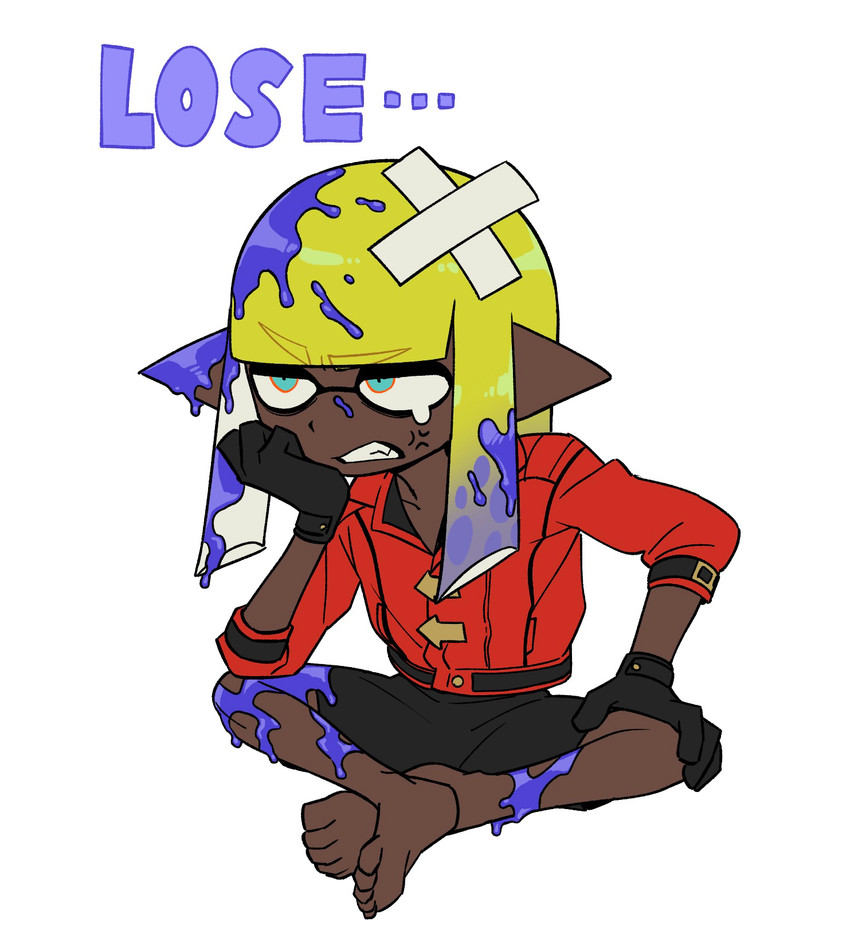 barefoot black_clothing black_gloves black_handwear clothing cross-popping_vein dark_body dark_skin feet gloves handwear humanoid_pointy_ears male pointy_ears pseudo_hair solo tentacle_hair tentacles enaic31 nintendo splatoon inkling_boy aquatic cephalopod humanoid inkling mollusk hi_res