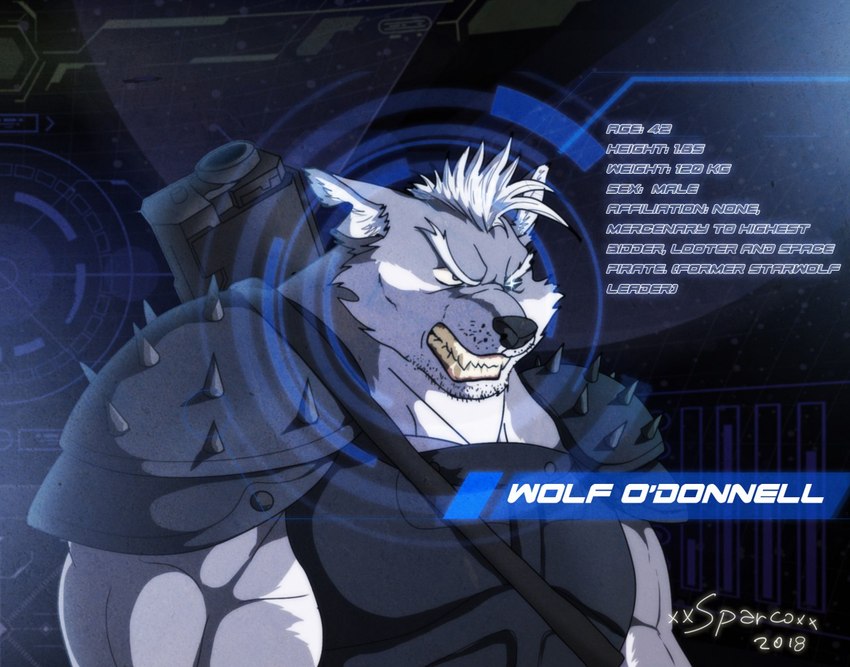 anthro clothed clothing fur grey_body grey_fur gun hair male multicolored_body multicolored_fur muscular muscular_anthro muscular_male profile ranged_weapon rifle shoulder_pads solo speech_bubble teeth text two_tone_body two_tone_fur weapon white_hair xxsparcoxx nintendo star_fox wolf_o'donnell canid canine canis mammal wolf 2018 artist_name english_text