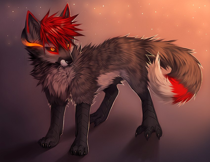 ambiguous_gender black_claws black_nose black_sclera claws digitigrade feral feral_with_hair fur gradient_background grey_body grey_fur grey_inner_ear_fluff hair horn inner_ear_fluff markings orange_eyes red_hair red_markings scuted_legs scutes short_hair simple_background snout solo sparkles tuft whiskers falvie canid canid_demon demon mammal 2011 digital_media_(artwork) digital_painting_(artwork) full-length_portrait painting_(artwork) portrait