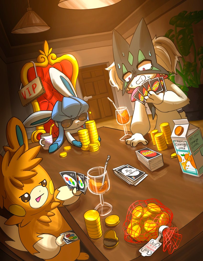 anthro bendy_straw biped bodily_fluids card_game cardboard chair chocolate_coin container cup detailed_background distressed door drinking_glass drinking_straw eyewear furniture gambling gaming glass glass_container glass_cup inside juice_(beverage) light orange_juice sunglasses sweat table throne wine_glass hb_(artist) draw_25_(meme) nintendo pokemon uno eeveelution generation_4_pokemon generation_9_pokemon glaceon meowscarada pawmot pokemon_(species) hi_res lighting meme shaded