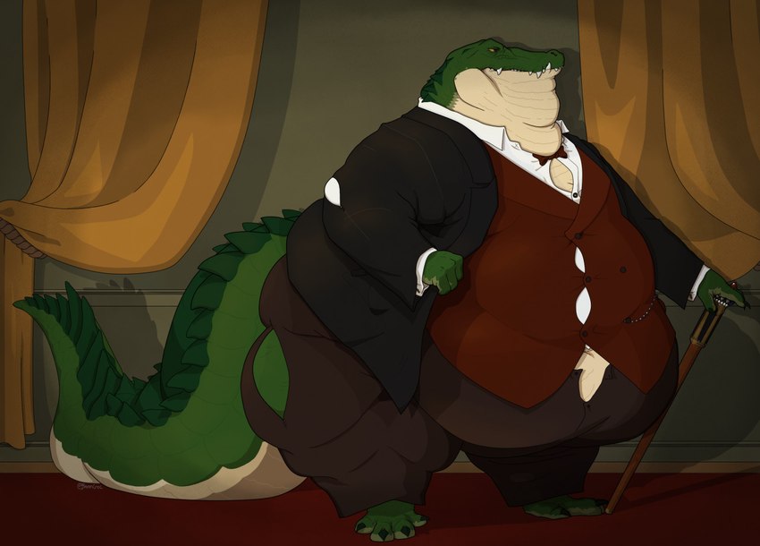 anthro belly belly_overhang big_belly bow_tie button_(fastener) cane chubby_cheeks classy claws clothed clothing curtains detailed_background dewlap_(anatomy) double_chin green_body green_scales gular_flap inside male moobs morbidly_obese morbidly_obese_anthro morbidly_obese_male navel obese obese_anthro obese_male overweight overweight_anthro overweight_male scales solo standing straining_buttons suit suit_and_tie suit_jacket tail tail_ridge tan_body tan_scales teeth thick_tail thick_thighs toe_claws topwear torn_clothing vest baronshoebat alligator alligatorid crocodilian reptile scalie