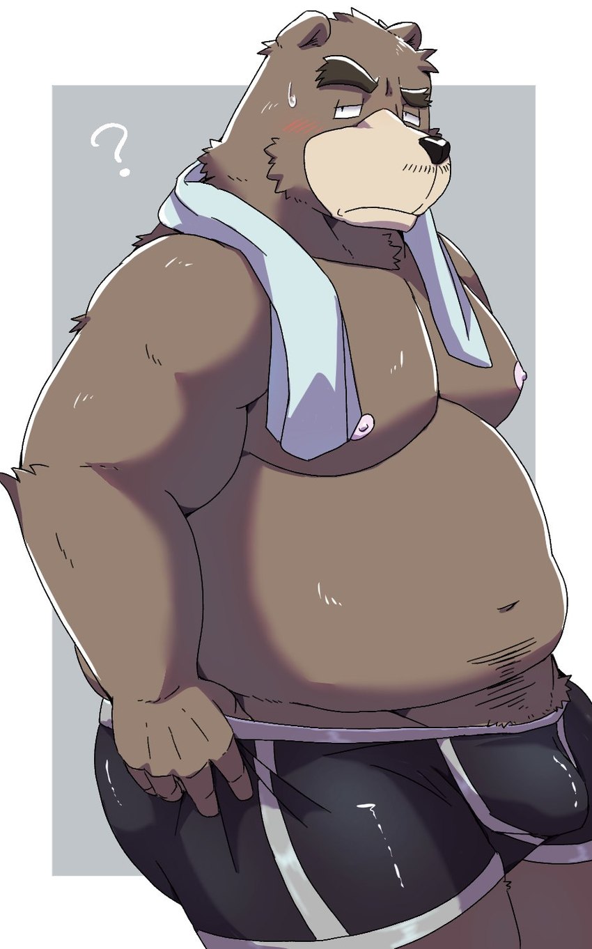 anthro belly big_belly black_nose blush brown_body bulge clothing humanoid_hands kemono male moobs navel nipples overweight overweight_male question_mark simple_background solo underwear emufu bear mammal 2024 hi_res