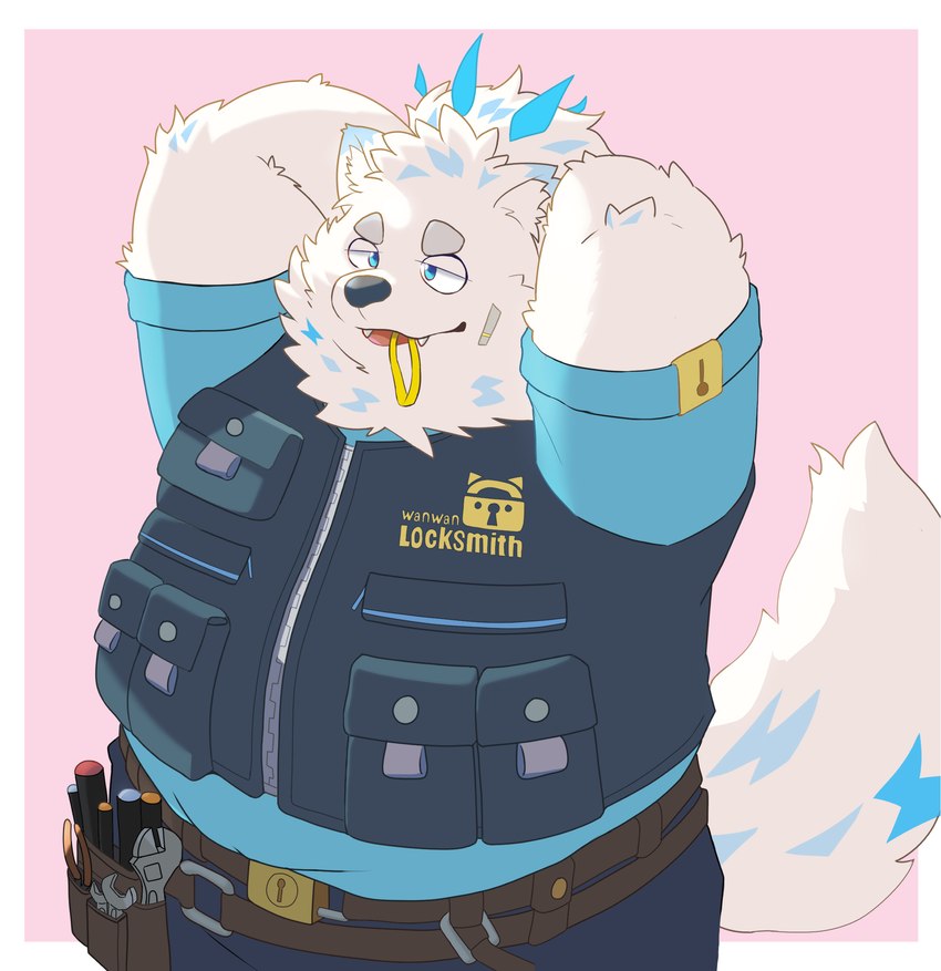 accessory anthro belly blue_eyes clothing fur hair hair_accessory hairband locksmith male overweight ponytail shirt smile solo t-shirt topwear vest white_body white_fur panic_exc lifewonders live_a_hero yohack canid canine canis domestic_dog mammal nordic_sled_dog samoyed spitz absurd_res hi_res