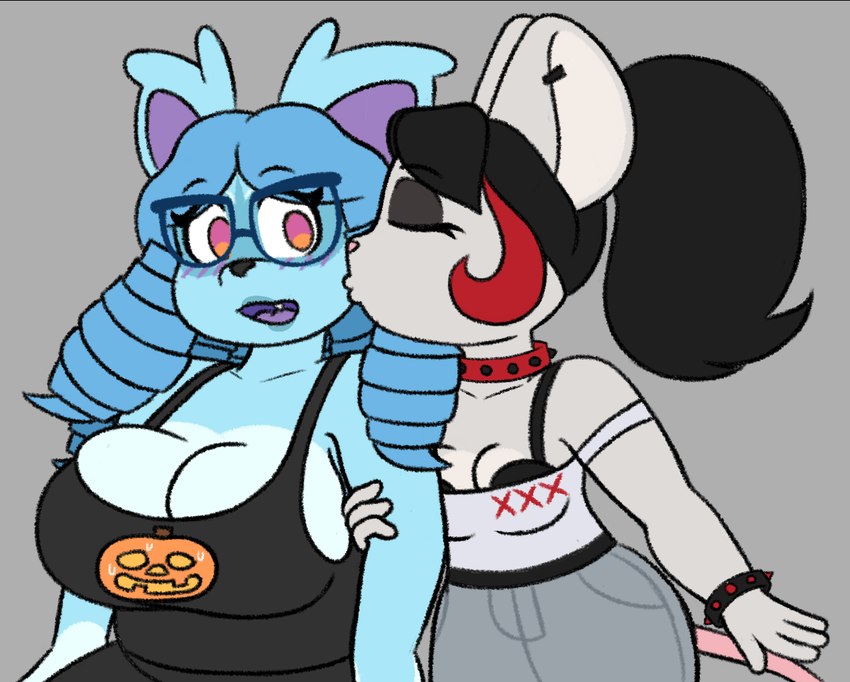 anthro black_hair blue_body blue_fur blue_hair blush breasts cleavage clothed clothing duo eyewear female female/female fur glasses grey_body grey_fur hair jack-o'-lantern kissing_cheek purple_blush purple_tongue shirt tank_top tongue topwear jadebbutts jade_(jadebbutts) mania_(jadebbutts) mammal mouse murid murine procyonid raccoon rodent