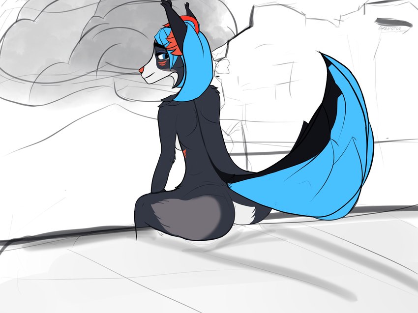 anthro butt female fluffy_ears horn rear_view sitting solo tail darnotor ulyana_(darnotor) canid canine mammal hi_res