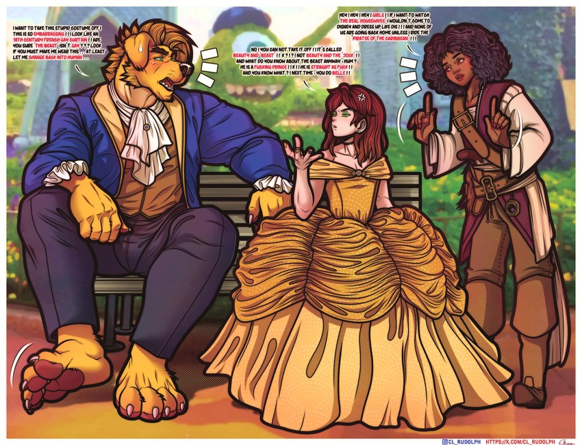 anthro clothing dress female male muscular profanity rococo_clothing suit text cl.rudolph beauty_and_the_beast disney monsters_inc mythology pirates_of_the_caribbean pixar beast_(disney) belle_(beauty_and_the_beast) dolan_rudolph_wade garth_mentzel_monroe jack_sparrow loretta mike_wazowski canid canine canis human mammal mythological_canine mythological_creature werecanid werecanine werecreature werewolf wolf absurd_res english_text hi_res superabsurd_res url