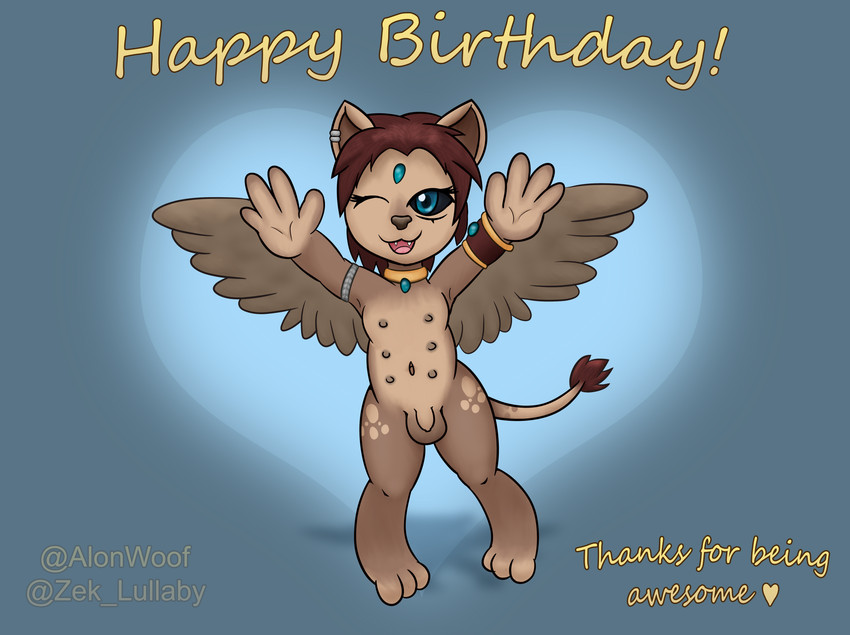 anthro balls birthday brown_hair casual_nudity feathered_wings feathers flaccid foreskin genitals hair looking_at_viewer male multi_nipple nipples nude penis simple_background small_penis solo wings young young_anthro young_male alonwoof zeklullaby mythology nyx_neferu felid mammal mythological_creature mythological_sphinx absurd_res digital_media_(artwork) hi_res