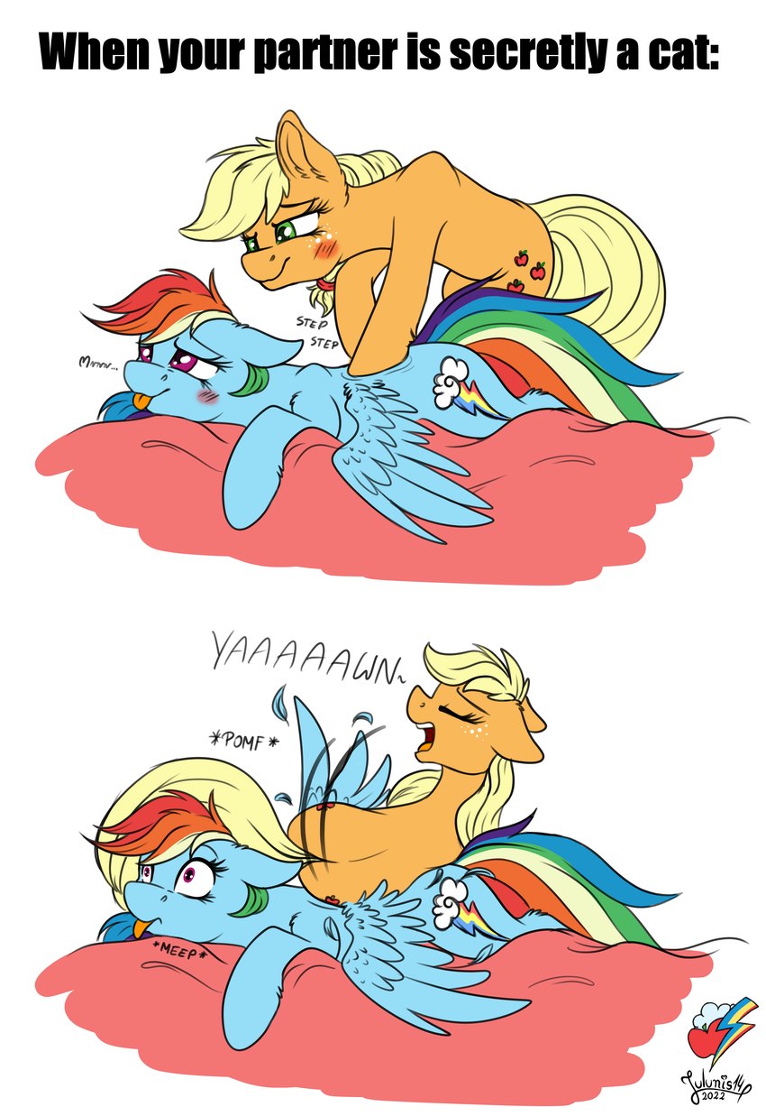 acting_like_a_cat back_massage blonde_hair blue_body blue_fur blush cutie_mark duo female feral freckles fur green_eyes hair lying massage open_mouth orange_body orange_fur text tongue tongue_out wings yawn julunis14 friendship_is_magic hasbro my_little_pony mythology applejack_(mlp) rainbow_dash_(mlp) earth_pony equid equine horse mammal mythological_creature mythological_equine pegasus pony absurd_res english_text flat_colors hi_res