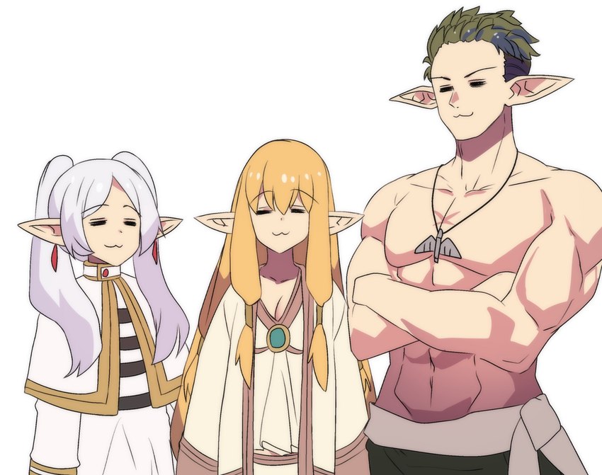 clothed clothing eyes_closed female group male muscular muscular_humanoid muscular_male not_furry topless topless_male trio princess_hinghoi frieren_beyond_journey's_end frieren kraft_(frieren) serie_(frieren) elf humanoid hi_res