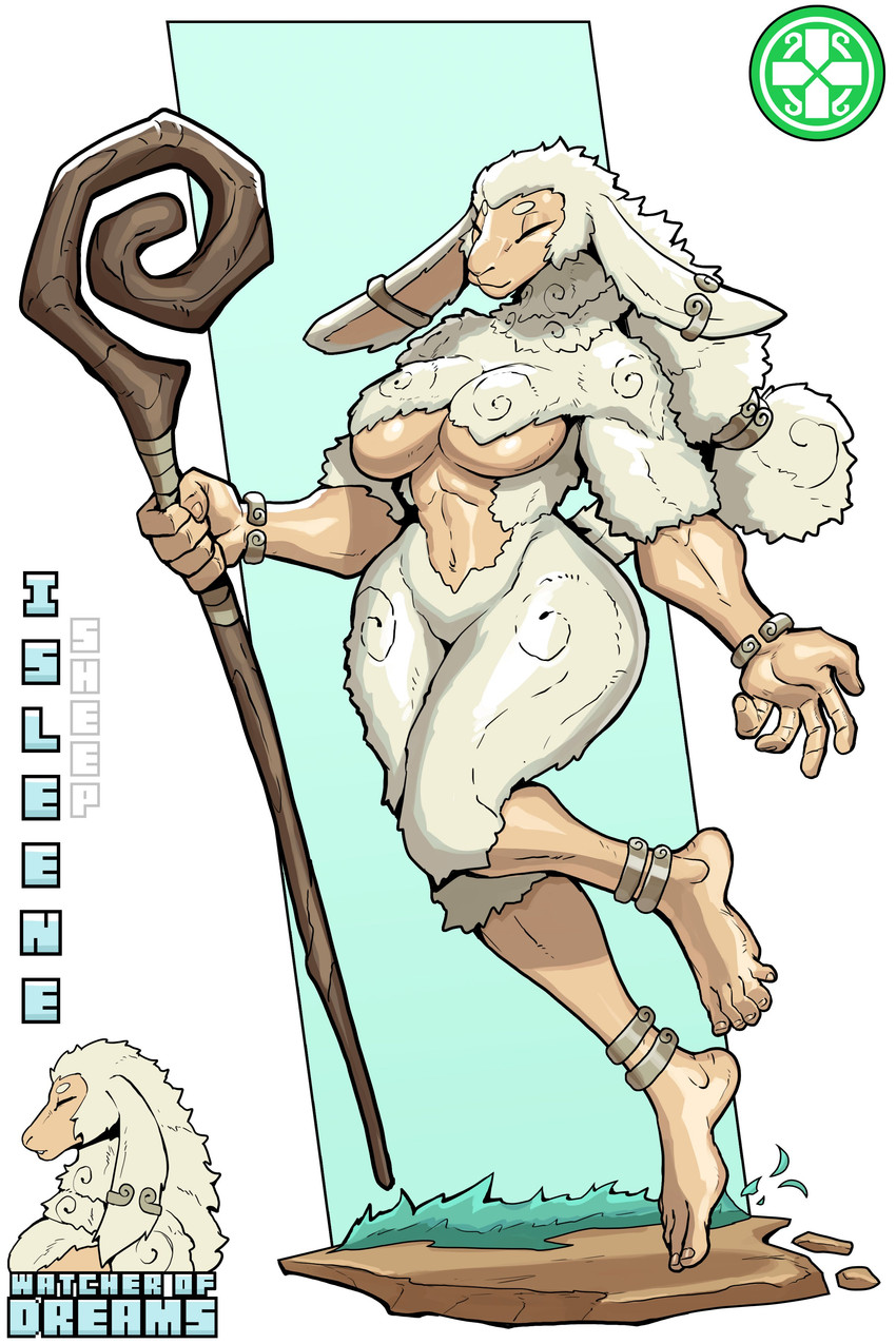 5_fingers 5_toes anklet anthro big_breasts bracelet breasts eyes_closed feet female fingers floating fur hair holding_object holding_staff humanoid_feet humanoid_hands jewelry naturally_censored navel nude plantigrade simple_background solo staff tail thick_thighs tied_hair toes white_body white_fur wide_hips wool_(fur) wool_hair ceehaz isleene_(ceehaz) bovid caprine mammal sheep 2025 2:3 absurd_res hi_res