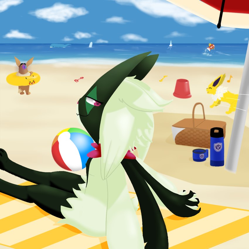 anthro ball basket beach beach_ball beach_towel beach_umbrella container detailed_background faceless_character female feral fluffy fluffy_tail group inflatable looking_at_viewer outside parasol picnic_basket sand solo_focus tail towel luzarte nintendo pokemon animal_humanoid eevee eeveelution felid felid_humanoid feline feline_humanoid generation_1_pokemon generation_3_pokemon generation_9_pokemon humanoid jolteon magikarp mammal mammal_humanoid meowscarada pokemon_(species) wailord 1:1 digital_media_(artwork) hi_res