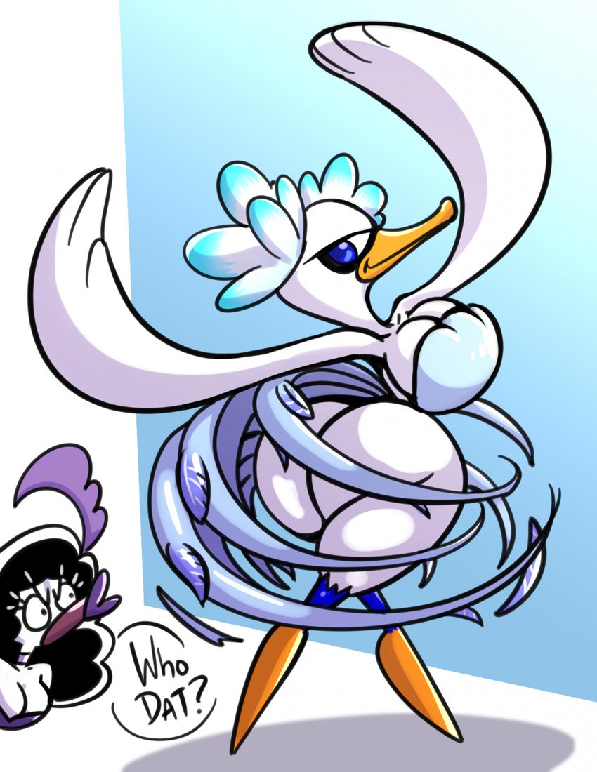 angry anthro beak big_breasts big_butt black_hair blue_eyes breasts butt cleavage clothed clothing duo feathers female hair non-mammal_breasts pose question_mark smile text thick_thighs white_body sachasketchy kirby_(series) kirby_and_the_forgotten_land nintendo fleurina lilandra_(sachasketchy) anatid anseriform anserinae avian bird swan english_text hi_res