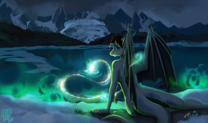 anthro arm_support barely_visible_breasts blue_eyes breasts casual_nudity chromatic_aberration claws druid energy female green_glow hair lake legs_together light looking_at_viewer looking_back magic magic_user membrane_(anatomy) membranous_wings mountain night nude outside pupils rear_view scales short_hair sitting sky slit_pupils smile snow solo tail tribal_spellcaster wide_hips wing_claws wings aib_leyley mythology yoshitoki_(character) dragon mythological_creature mythological_scalie scalie 2022 hi_res lighting story story_in_description