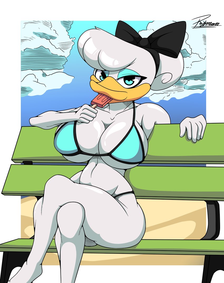 anthro big_breasts big_butt bikini bikini_top black_bikini black_clothing black_swimwear blue_eyes bodily_fluids breasts butt chair clothing dessert detailed_background eyewear female food fur furniture hair heat_(temperature) ice_cream sitting solo sweat swimwear two-piece_swimsuit under_boob white_body white_fur reymonrr disney ducktales ducktales_(2017) daisy_duck anatid anseriform avian bird duck absurd_res hi_res