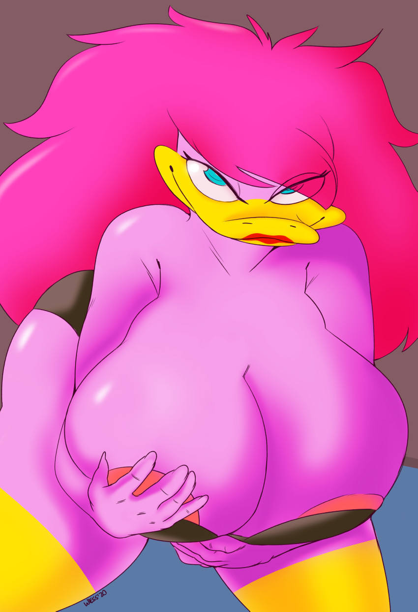 anthro areola areola_slip big_breasts blue_eyes breasts clothed clothing female hair hand_on_breast huge_breasts looking_at_viewer nipple_outline non-mammal_breasts pink_body purple_hair simple_background skimpy solo wiess tiny_toon_adventures warner_brothers margot_mallard anatid anseriform avian bird duck hi_res