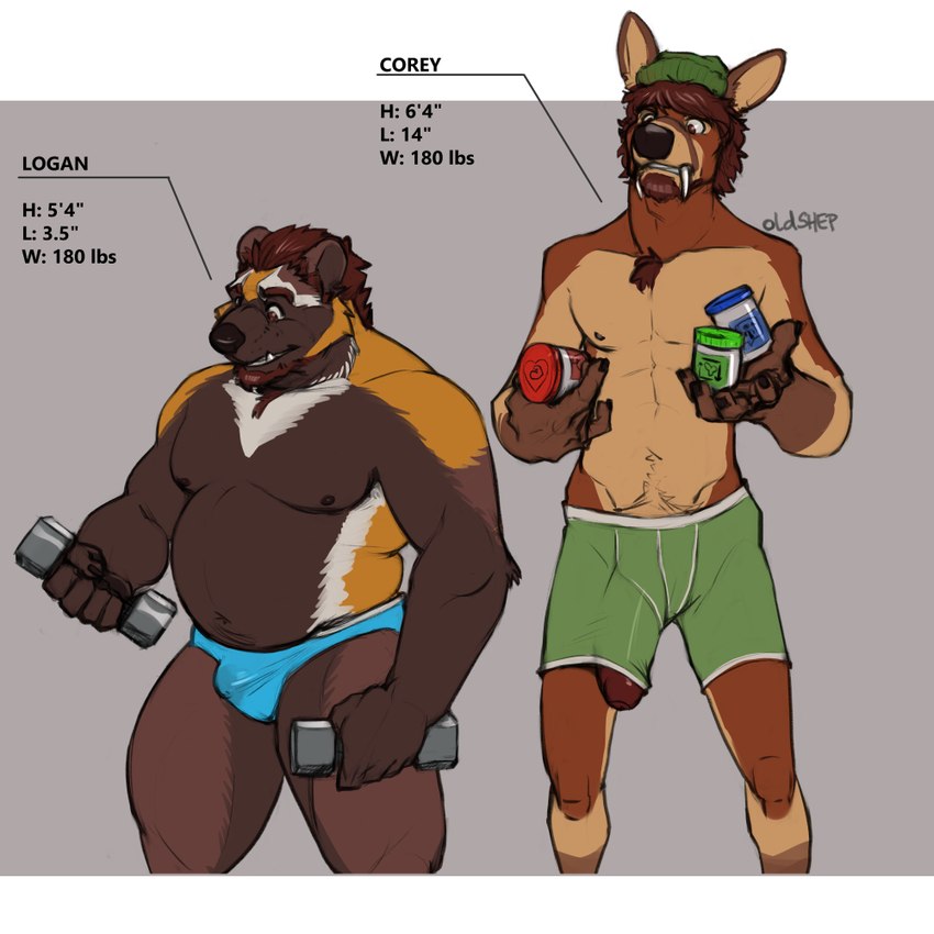 5_fingers anthro beanie beard belly big_penis biped black_nose blue_briefs blue_clothing blue_underwear bodily_fluids bottle boxer_briefs briefs briefs_only brown_beard brown_body brown_eyebrows brown_eyes brown_facial_hair brown_fur brown_hair bulge claws clothed clothed_anthro clothed_male clothing container countershade_fur countershade_torso countershading dumbells duo exercise eyebrows facial_hair finger_claws fingers foreskin front_view fur genital_fluids genitals gloves_(marking) green_beanie green_boxer_briefs green_clothing green_hat green_headwear green_underwear grey_background grin hair hat headgear headwear holding_bottle holding_container holding_dumbbell holding_object holding_weights humanoid_genitalia humanoid_hands humanoid_penis imperial_unit larger_anthro larger_male looking_down_at_another male male/male male_anthro markings measurements moobs multicolored_body multicolored_fur navel nipples number orange_body orange_fur overweight overweight_anthro overweight_male penis penis_poking_out penis_through_leghole precum precum_through_clothing precum_through_underwear simple_background size_difference skinny skinny_anthro skinny_male smaller_anthro smaller_male smile standing stated_height stated_weight tan_body tan_fur teeth text three-quarter_view topless topless_anthro topless_male tusks underwear underwear_only weightlifting wet wet_clothing white_body white_fur workout oldshep corey_seouk logan_kushner deer gulonine mammal mustelid musteline water_deer wolverine 1:1 character_name digital_drawing_(artwork) digital_media_(artwork) flat_colors portrait signature three-quarter_portrait
