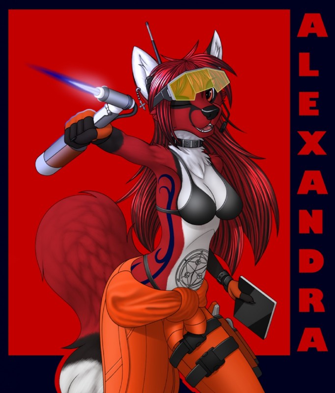 anthro bra breasts clothed clothing eyewear female goggles one_eye_closed pose solo torch underwear wink working tales_foxdale lena_alexandra canid canine fox mammal hi_res