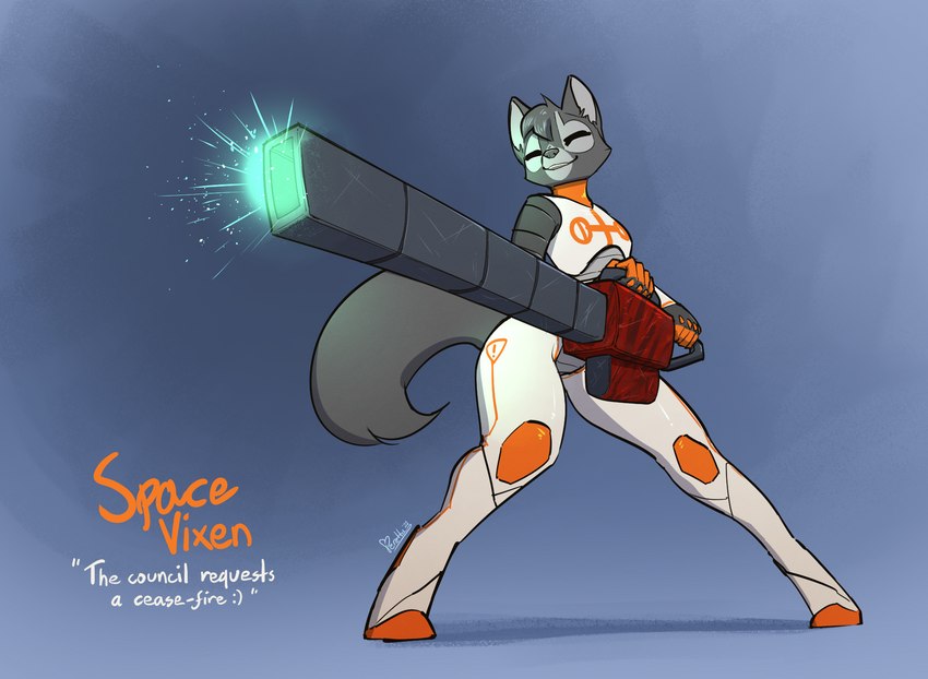 action_pose anthro eyes_closed female fur grey_body grey_fur pose railgun ranged_weapon smile text weapon feretta space_vixen tale_of_tails webtoon vixavil_hayden canid canine fox mammal red_fox silver_fox true_fox digital_media_(artwork) english_text hi_res