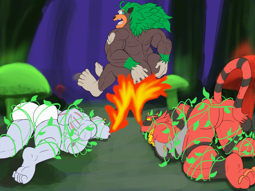 anthro ass_up bound brown_body butt capture fire fungus glowing glowing_fungus glowing_mushroom group hand_on_butt leaf leaf_hair male male/male muscular muscular_anthro muscular_male mushroom nipples plant plant_hair pseudo_hair red_body vines heartlessfang mythology nintendo pacman20 pokemon generation_1_pokemon generation_7_pokemon generation_8_pokemon incineroar machoke mammal pokemon_(species) rillaboom absurd_res hi_res