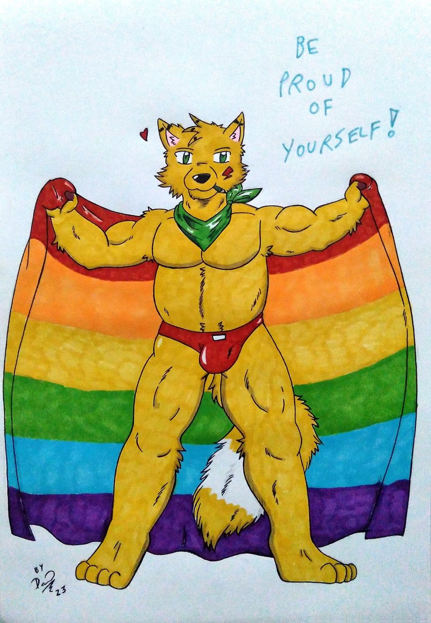 4_toes 5_fingers anthro arm_tuft armpit_tuft barazoku belly biceps big_belly big_pecs black_nose bulge clothed clothing feet fingers flag flag_(object) fluffy fluffy_tail fur green_eyes green_kerchief heart_symbol holding_flag holding_object huge_pecs kerchief lgbt_pride male manly markers moobs muscular muscular_anthro muscular_male neckerchief neckwear overweight overweight_anthro overweight_male pecs pencil_(object) pencil_in_mouth pride_color_flag pride_colors proud rainbow rainbow_pride_colors red_clothing red_speedo red_swimwear simple_background six-stripe_rainbow_pride_colors solo speedo speedo_only swimwear tail toes topless topless_anthro topless_male tuft white_background yellow_body yellow_fur dashthefox dashfox canid canine fox mammal 2023 absurd_res hi_res signature traditional_media_(artwork)