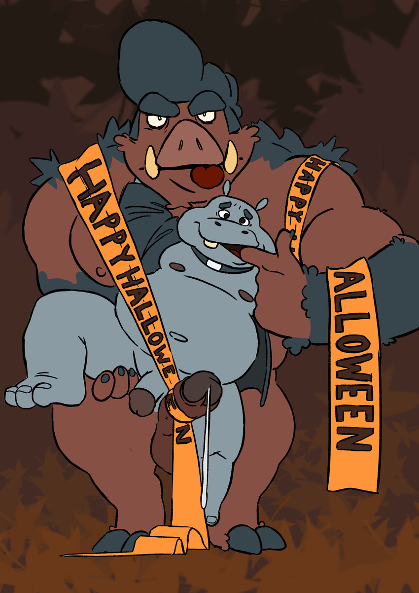 anthro duo fishhook_gag hair holidays larger_male male male/male nipples priest size_difference smaller_male text birdy halloween dickins common_hippopotamus hippopotamid mammal suid suine sus_(pig) wild_boar english_text hi_res