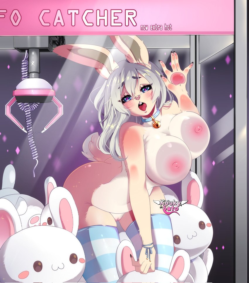 5_fingers against_surface anthro bell bell_collar big_breasts breasts breasts_on_glass butt clothing collar crane_game female fingers genitals grey_hair hair hand_on_glass legwear let_me_out looking_at_viewer navel nipples on_glass open_mouth pattern_clothing pattern_legwear pattern_stockings plushie pussy solo stockings striped_clothing striped_legwear striped_stockings stripes tongue tongue_out wide_hips koukysato lagomorph leporid mammal rabbit 2021 hi_res