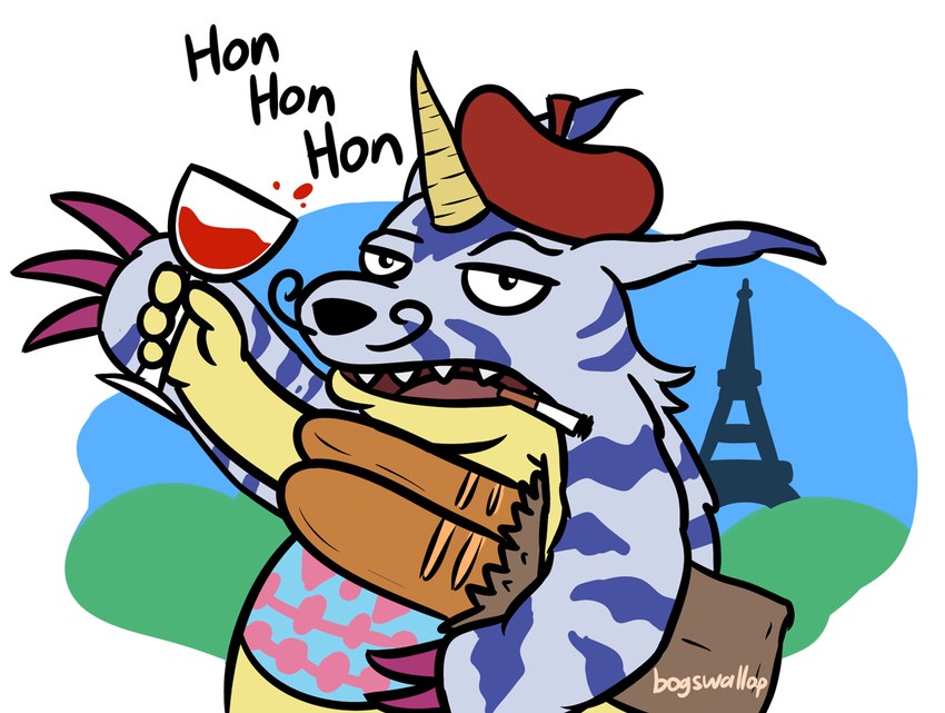 alcohol animal_skin anthro baguette beret beverage bread cigarette claws clothing eiffel_tower facial_hair food french hat headgear headwear horn male mustache shopping_bag smoking wine yellow_body bogswallop bandai_namco digimon digimon_(species) gabumon