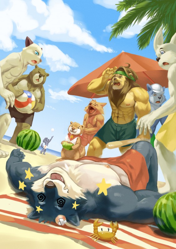 abs anthro biceps bottomwear clothed clothing fur group hair male muscular muscular_male nipples pants pecs summer swimwear pandarita bear canid canine canis felid lion mammal pantherine wolf 2019 absurd_res hi_res