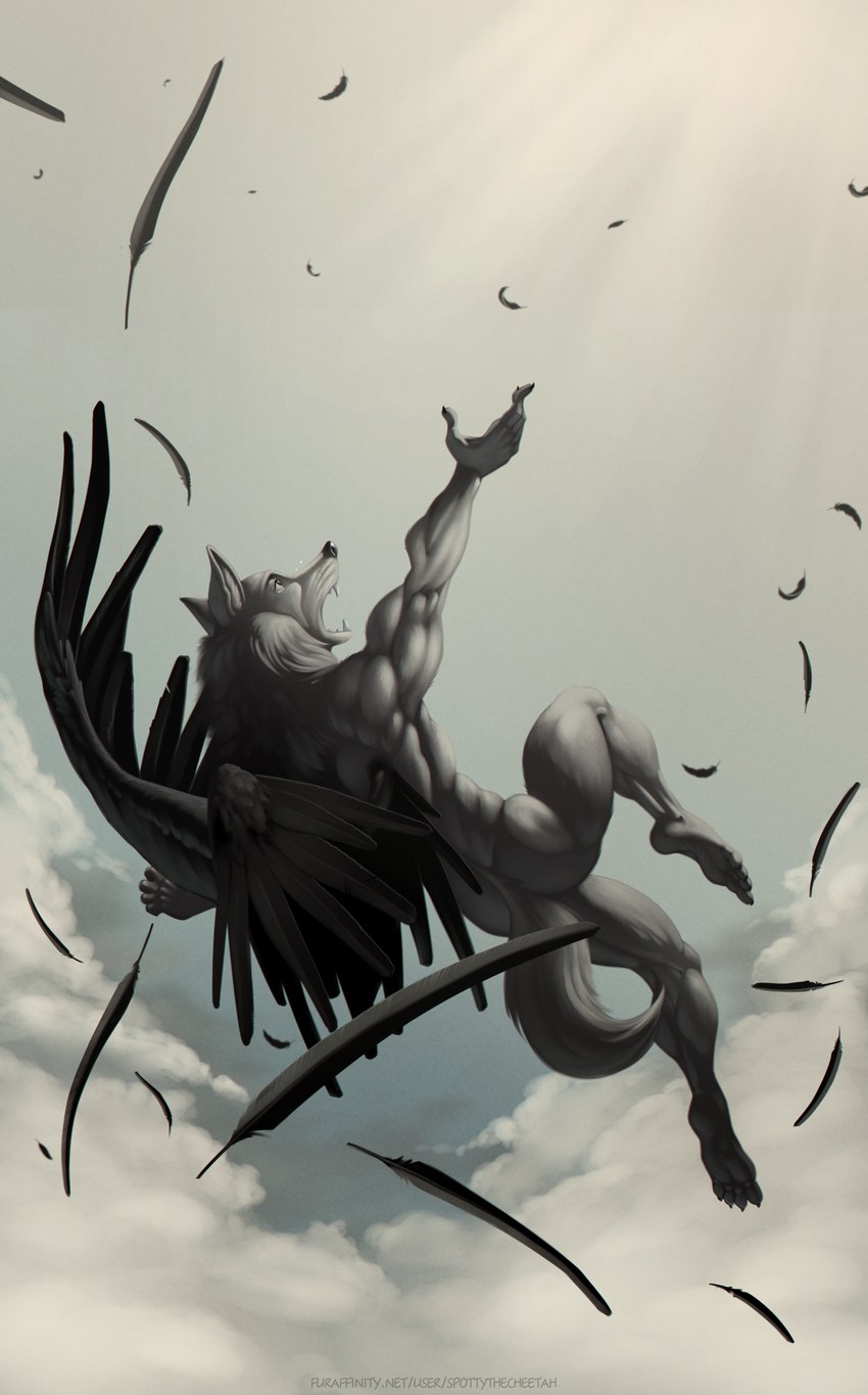 anthro cloud feathered_wings feathers male nude sky solo wings spotty_the_cheetah satan angel canid canine canis humanoid mammal wolf lucifer_(disambiguation) absurd_res hi_res