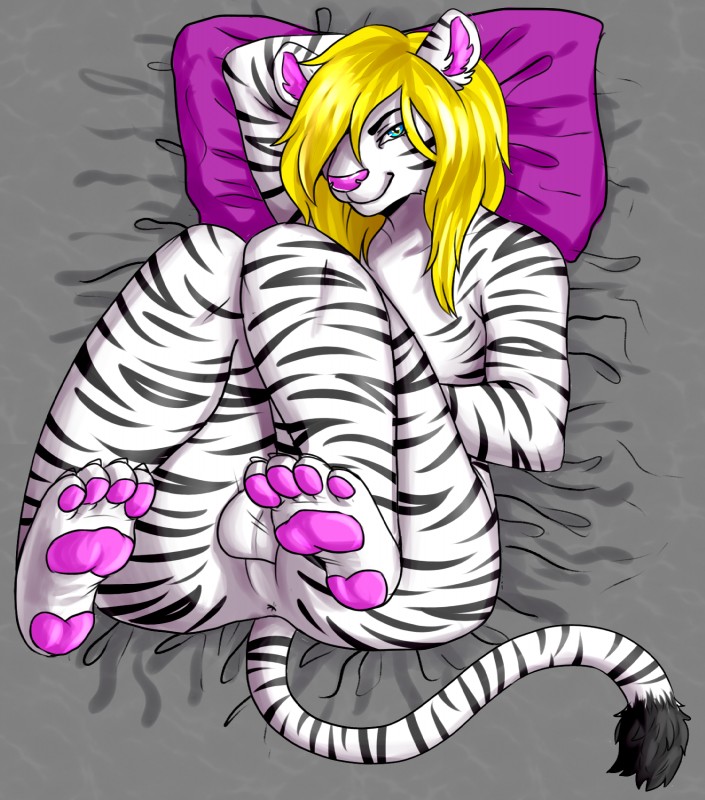 anthro balls butt feet femboy genitals leucistic looking_at_viewer male nude paws solo hardcorecandystore nyla_(whitekitteh) felid mammal pantherine tiger hi_res