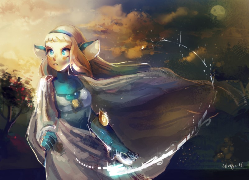 accessory blonde_hair blue_eyes cape clothing gloves hair hair_accessory hairband handwear magic magic_user moon plant solo tree silveyn ankama dofus dofus:_book_i_judith bakara_(wakfu) humanoid huppermage mammal