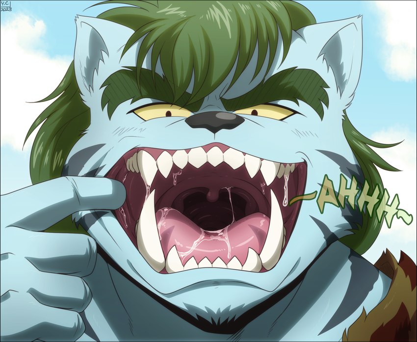 anthro black_border bodily_fluids border fur male mouth_shot open_mouth saliva sharp_teeth solo teeth uvula incredibleediblecalico yu_yu_hakusho byakko_(yu_yu_hakusho) demon felid mammal pantherine tiger hi_res