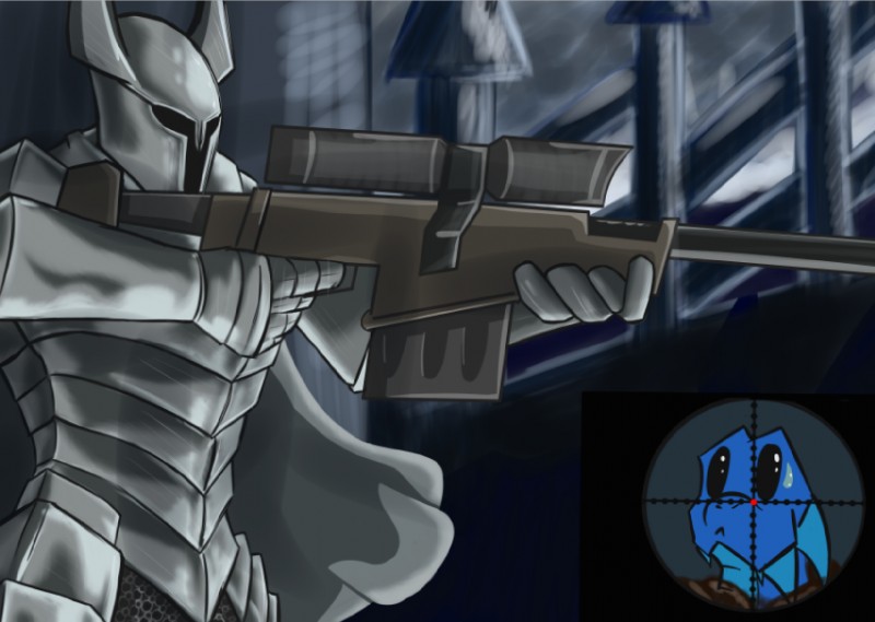 armor cape clothing crosshair duo gun holding_gun holding_object holding_ranged_weapon holding_weapon humor knight male ranged_weapon rifle silver_(metal) silver_armor sniper warrior weapon derangedrake dark_souls fromsoftware mythology dragon human mammal mythological_creature mythological_scalie scalie 2016 lol_comments