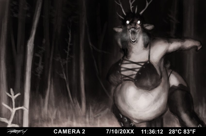 abdominal_bulge anthro antlers belly big_belly big_breasts bra breasts buckle clothing female female_pred forest forest_background horn horror_(theme) huge_belly nature nature_background navel outside plant sharp_teeth solo teeth thong trail_cam tree underwear unseen_prey vore rayoutofspace deer mammal absurd_res digital_media_(artwork) digital_painting_(artwork) hi_res monochrome painting_(artwork)