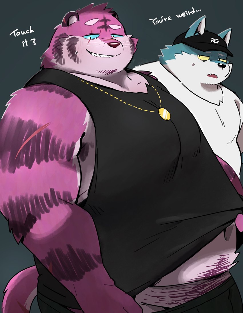 anthro belly big_belly blue_body bottomwear bulge clothing countershading dialogue duo hat headgear headwear humanoid_hands kemono male overweight overweight_male pink_body scar shirt shorts text topwear uokkom canid canine canis domestic_dog felid mammal pantherine tiger 2022 english_text hi_res