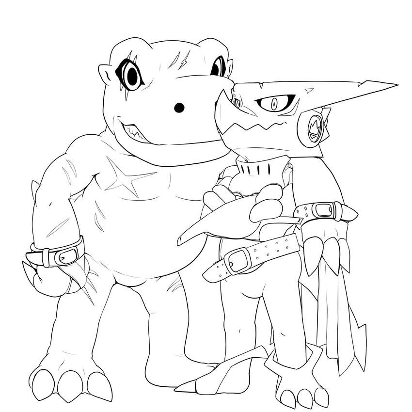 anthro arm_around_shoulder belly belt claws duo electronics grin headphones male male/male romantic romantic_couple scar scarf slightly_chubby smile heibanhikaru bandai_namco digimon agumon digimon_(species) scalie shoutmon shoutmon_(king_ver.) 1:1 absurd_res hi_res line_art monochrome