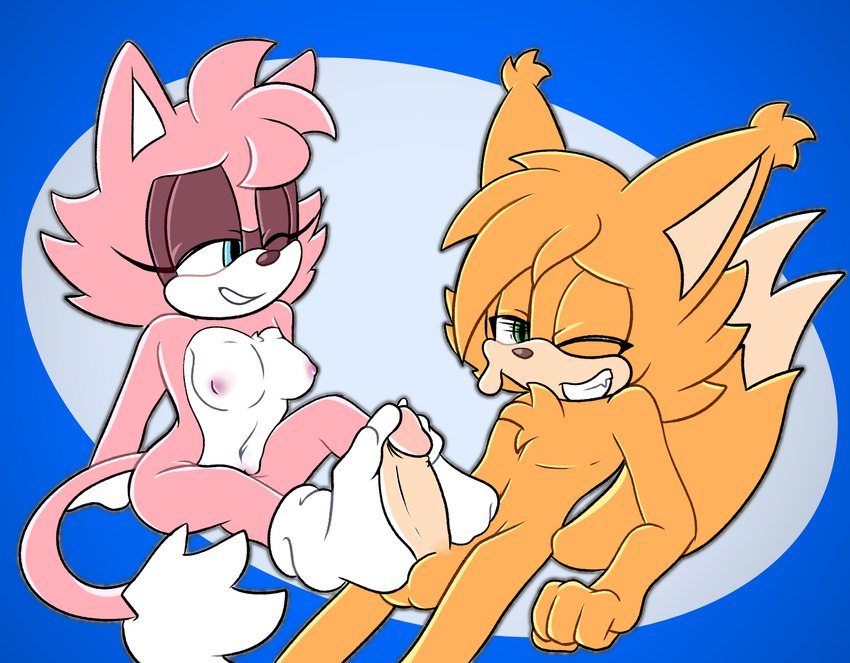 anthro blue_eyes bodily_fluids breasts clothing duo feet female foot_fetish foot_play footjob footwear fur genital_fluids genitals green_eyes male male/female mostly_nude nude orange_body orange_fur penis pink_body pink_fur precum sex sockjob socks struggling toes meyk senshion sega sonic_the_hedgehog_(series) fan_character meyk_the_lynx sensh_the_cat domestic_cat felid feline felis lynx mammal 2019 hi_res