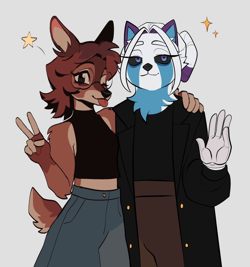 5_fingers anthro arm_around_another bent_arm black_clothing black_crop_top black_eyes black_nose black_sclera black_shirt black_topwear black_trenchcoat blue_body blue_bottomwear blue_clothing blue_eyes blue_fur blue_inner_ear blue_pants bottomwear brown_bottomwear brown_clothing brown_pants brown_tail button_(fastener) chest_tuft closed_smile clothed clothed_anthro clothed_female clothing coat crop_top duo eyebrow_through_hair eyebrows eyelashes eyewear female female_anthro fingers fluffy fluffy_tail fully_clothed fully_clothed_anthro fully_clothed_female fur gesture glasses grey_background hair hair_bun hand_gesture hand_on_shoulder larger_anthro larger_female long_eyelashes looking_at_viewer medium_hair midriff mouth_closed multicolored_tail one_eye_closed open_trenchcoat pants purple_eyes purple_hair red_tongue round_glasses shirt simple_background size_difference smaller_anthro smile sparkles standing star_(shape) tail tan_body tan_fur tan_tail tongue tongue_out topwear translucent translucent_hair trenchcoat tuft v_sign white_eyebrows white_hair merenge muffidoodle merenge_(character) muffi_(muffidoodle) ailurid cervine deer mammal red_panda 2024 artist_collaboration colored english_description hi_res shaded simple_shading spanish_description nonbinary_(lore)
