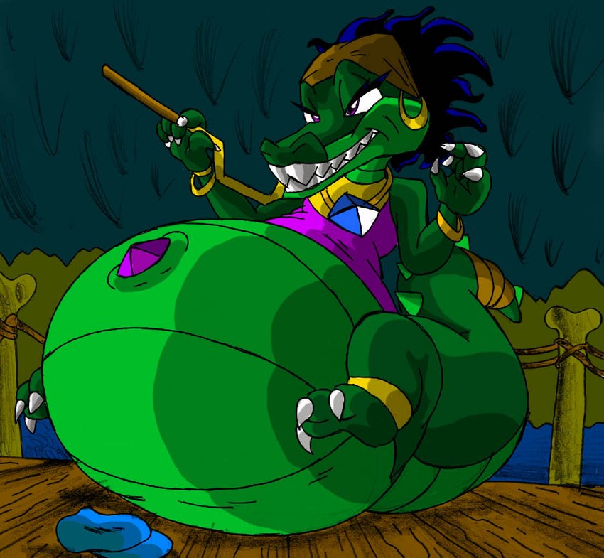 after_vore anthro anthro_pred belly belly_gem big_belly bottomless claws clothed clothing dreadlocks female female_pred gem green_body hair hat headgear headwear huge_belly hyper hyper_belly hyper_pear inside navel_rim overweight overweight_anthro overweight_female sharp_teeth sitting solo teeth toony vore wide_crotch virus-20 sly_cooper_(series) sony_corporation sony_interactive_entertainment sucker_punch_productions mz._ruby alligator alligatorid crocodilian reptile scalie 2006 digital_media_(artwork)