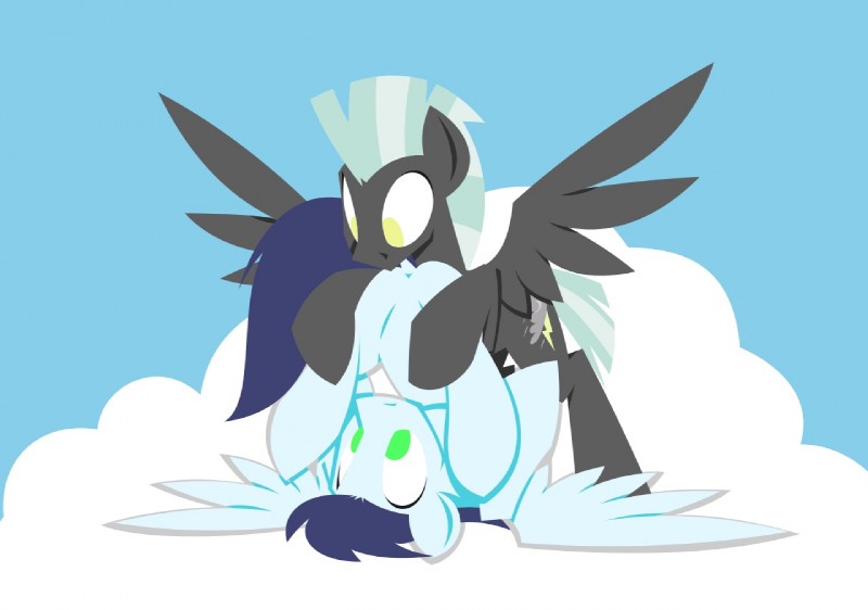 black_body black_feathers blue_body blue_feathers blue_fur blue_hair cloud cutie_mark duo eye_contact feathered_wings feathers feral fur green_eyes grey_body grey_fur hair looking_at_another male male/male outside sky wings hoverrover friendship_is_magic hasbro my_little_pony mythology soarin_(mlp) thunderlane_(mlp) wonderbolts_(mlp) equid equine mammal mythological_creature mythological_equine pegasus