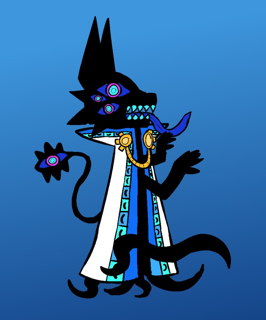 ambiguous_gender aztec blue_eyes blue_tongue cloak cloak_only clothing facial_tuft fur fur_tuft gradient_background long_ears long_tongue multi_eye simple_background solo tail_eye teeth teeth_showing tentacles tongue tuft atomic_cat void_(atomic_cat) deity eldritch_abomination felid mammal 2022 blue_theme cool_colors nonbinary_(lore)