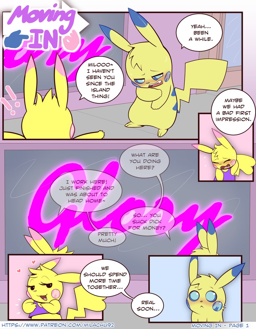 blue_eyes blue_markings blush bottomless clothed clothing dialogue female fur long_tail male markings pink_eyes pink_markings public tail text tongue yellow_body yellow_fur milachu92 nintendo pokemon milachu milochu generation_1_pokemon pikachu pokemon_(species) absurd_res comic english_text hi_res