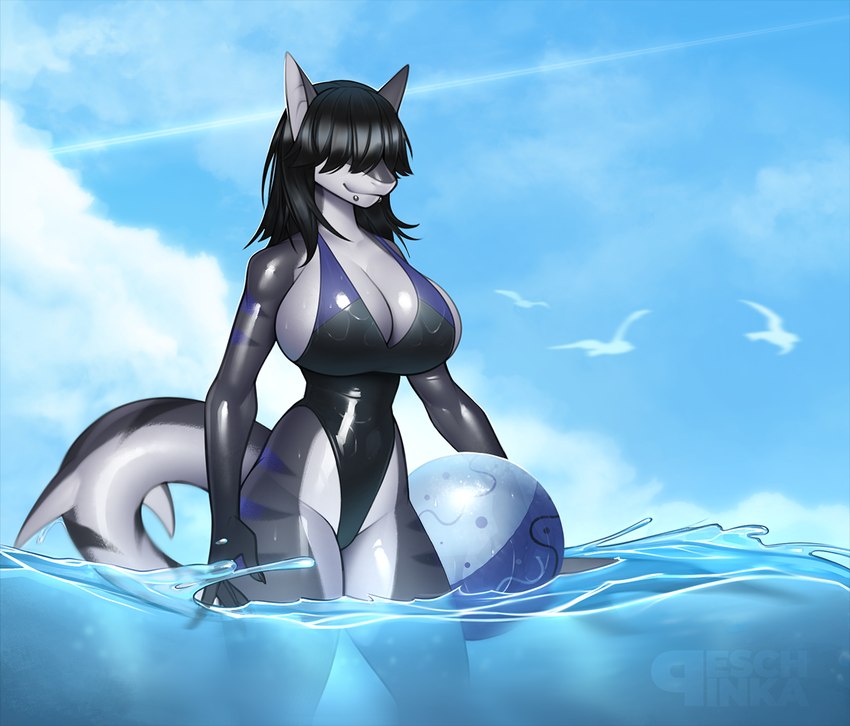 anthro big_breasts black_hair breasts cleavage clothed clothing facial_piercing female glistening glistening_body glistening_clothing grey_body hair hair_over_eyes huge_breasts lip_piercing non-mammal_breasts one-piece_swimsuit partially_submerged piercing smile snakebite_piercing solo stripes swimwear peschinka daevon_(smiju) fish marine shark