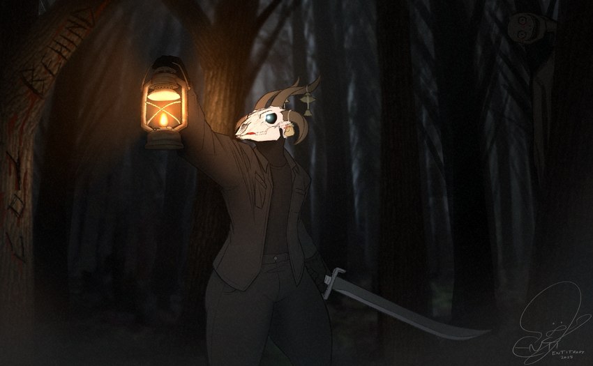 bone forest forest_background horror_(theme) lamp lantern melee_weapon nature nature_background plant skull skull_head sword tree weapon entitropy absurd_res hi_res